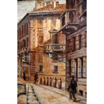 ANTICO QUADRO OLIO TAVOLA F. Carcano PAESAGGIO VEDUTA Naviglio CANALE fine '800