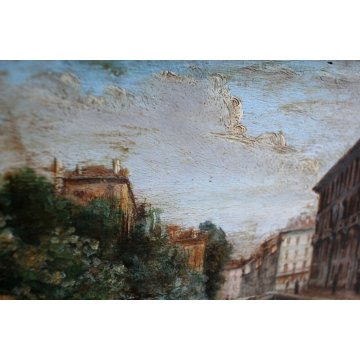 ANTICO QUADRO OLIO TAVOLA F. Carcano PAESAGGIO VEDUTA Naviglio CANALE fine '800