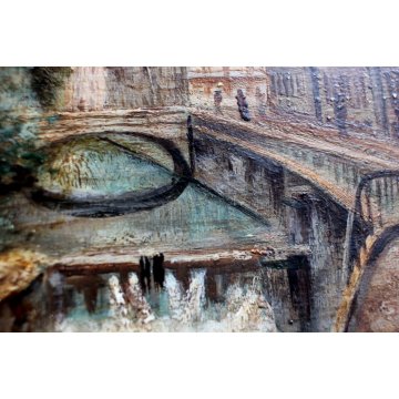 ANTICO QUADRO OLIO TAVOLA F. Carcano PAESAGGIO VEDUTA Naviglio CANALE fine '800