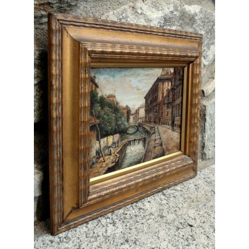 ANTICO QUADRO OLIO TAVOLA F. Carcano PAESAGGIO VEDUTA Naviglio CANALE fine '800