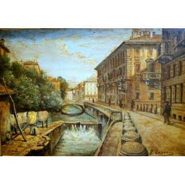 ANTICO QUADRO OLIO TAVOLA F. Carcano PAESAGGIO VEDUTA Naviglio CANALE fine '800