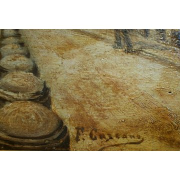 ANTICO QUADRO OLIO TAVOLA F. Carcano PAESAGGIO VEDUTA Naviglio CANALE fine '800