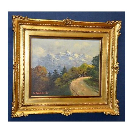 ANTICO QUADRO De Benedetti EPOCA 900 PAESAGGIO NEVE MONTAGNA DIPINTO OLIO TAVOLA