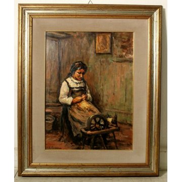 ANTICO QUADRO DIPINTO OLIO Carlo Bossone OSSOLA INTERNO RITRATTO DONNA ARCOLAIO