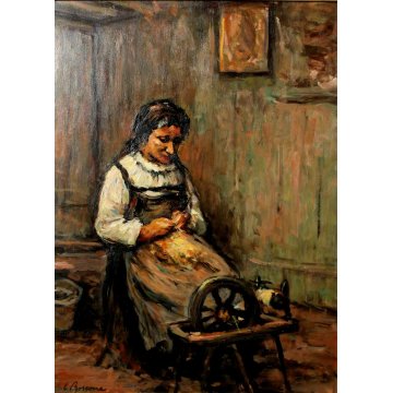 ANTICO QUADRO DIPINTO OLIO Carlo Bossone OSSOLA INTERNO RITRATTO DONNA ARCOLAIO