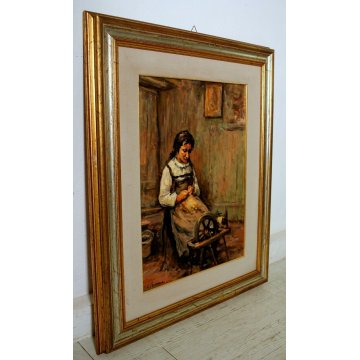 ANTICO QUADRO DIPINTO OLIO Carlo Bossone OSSOLA INTERNO RITRATTO DONNA ARCOLAIO