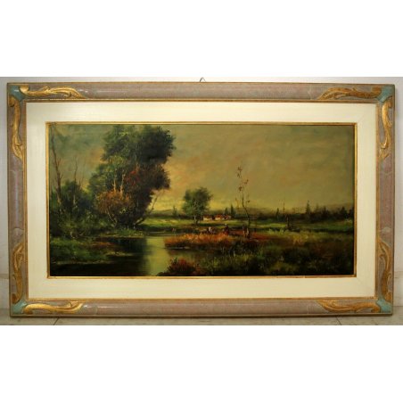 GRANDE QUADRO DIPINTO OLIO Vigano' PAESAGGIO PIANURA FIUME VITA RURALE RACCOLTO