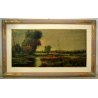 GRANDE QUADRO DIPINTO OLIO Vigano' PAESAGGIO PIANURA FIUME VITA RURALE RACCOLTO