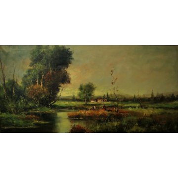 GRANDE QUADRO DIPINTO OLIO Vigano' PAESAGGIO PIANURA FIUME VITA RURALE RACCOLTO