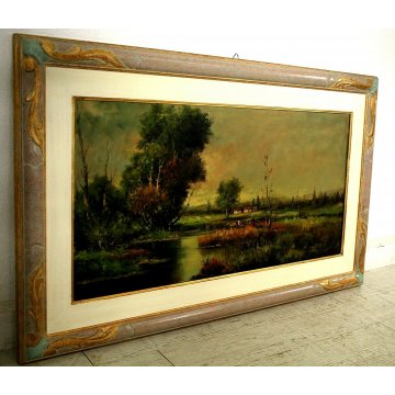 GRANDE QUADRO DIPINTO OLIO Vigano' PAESAGGIO PIANURA FIUME VITA RURALE RACCOLTO