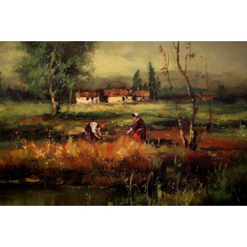 GRANDE QUADRO DIPINTO OLIO Vigano' PAESAGGIO PIANURA FIUME VITA RURALE RACCOLTO