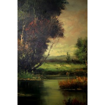 GRANDE QUADRO DIPINTO OLIO Vigano' PAESAGGIO PIANURA FIUME VITA RURALE RACCOLTO