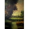 GRANDE QUADRO DIPINTO OLIO Vigano' PAESAGGIO PIANURA FIUME VITA RURALE RACCOLTO
