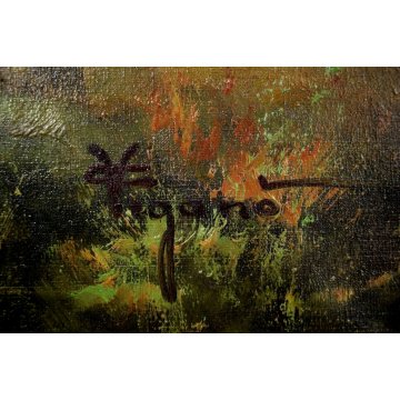 GRANDE QUADRO DIPINTO OLIO Vigano' PAESAGGIO PIANURA FIUME VITA RURALE RACCOLTO