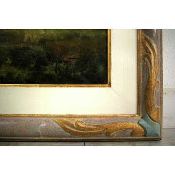 GRANDE QUADRO DIPINTO OLIO Vigano' PAESAGGIO PIANURA FIUME VITA RURALE RACCOLTO