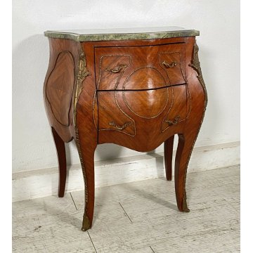 ANTICO COMODINO BOMBATO PIANO MARMO LEGNO NOCE 2 CASSETTI EPOCA 1800 OTTONE 