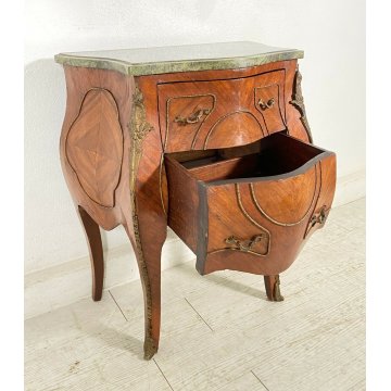 ANTICO COMODINO BOMBATO PIANO MARMO LEGNO NOCE 2 CASSETTI EPOCA 1800 OTTONE 