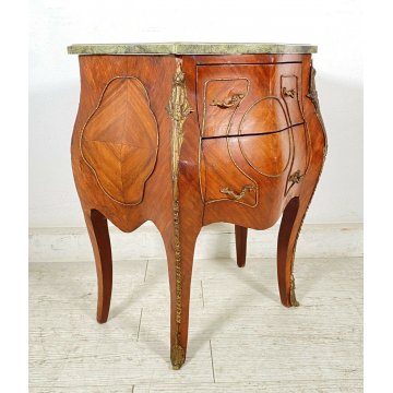 ANTICO COMODINO BOMBATO PIANO MARMO LEGNO NOCE 2 CASSETTI EPOCA 1800 OTTONE 