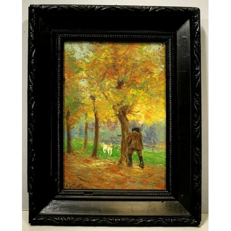 ANTICO PICCOLO QUADRO OLIO A. Salietti SCENA CACCIA FIGURA CACCIATORE CANE BOSCO