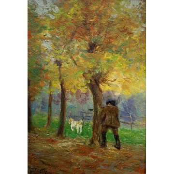 ANTICO PICCOLO QUADRO OLIO A. Salietti SCENA CACCIA FIGURA CACCIATORE CANE BOSCO