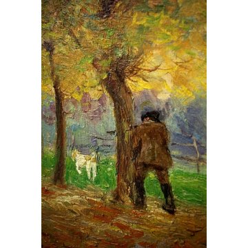 ANTICO PICCOLO QUADRO OLIO A. Salietti SCENA CACCIA FIGURA CACCIATORE CANE BOSCO