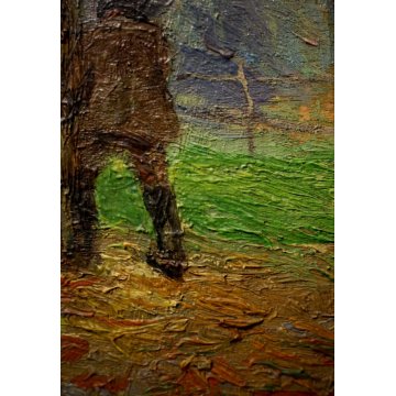 ANTICO PICCOLO QUADRO OLIO A. Salietti SCENA CACCIA FIGURA CACCIATORE CANE BOSCO