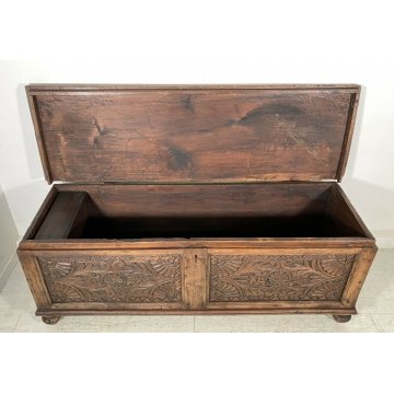 ANTICA CASSAPANCA LEGNO NOCE PLANCIA UNICA PANCA BAULE EPOCA 1800 OLD DECORATA 