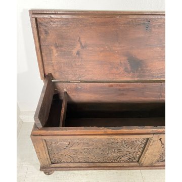 ANTICA CASSAPANCA LEGNO NOCE PLANCIA UNICA PANCA BAULE EPOCA 1800 OLD DECORATA 