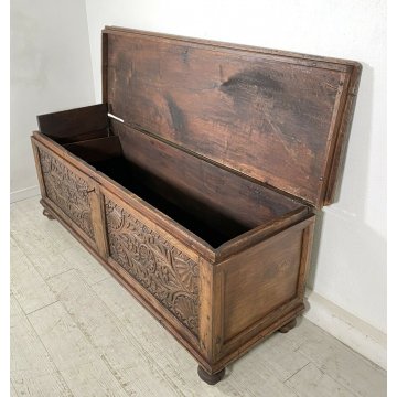 ANTICA CASSAPANCA LEGNO NOCE PLANCIA UNICA PANCA BAULE EPOCA 1800 OLD DECORATA 