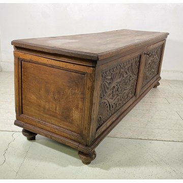 ANTICA CASSAPANCA LEGNO NOCE PLANCIA UNICA PANCA BAULE EPOCA 1800 OLD DECORATA 