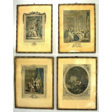 lotto 4 QUADRI ANTICHE STAMPE ACQUERELLATE SCENE GALANTI VITA ARISTOCRATICA '800