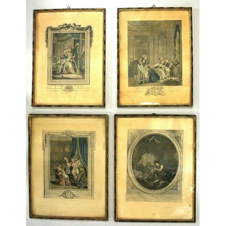 lotto 4 QUADRI ANTICHE STAMPE ACQUERELLATE SCENE GALANTI VITA ARISTOCRATICA '800