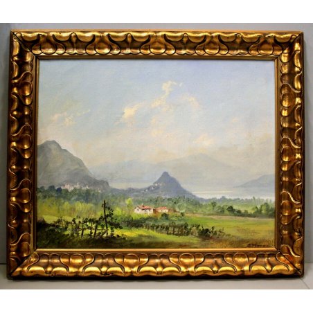 ANTICO QUADRO E. Demmin OLIO PAESAGGIO COLLINE Lago Maggiore Caldè MONTI VIGNA