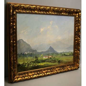 ANTICO QUADRO E. Demmin OLIO PAESAGGIO COLLINE Lago Maggiore Caldè MONTI VIGNA