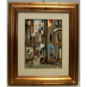 QUADRO DIPINTO OLIO M. Amoroso SCORCIO VITA QUARTIERE FIGURE VICOLO Napoli '900