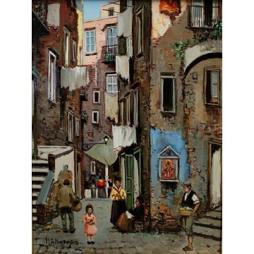 QUADRO DIPINTO OLIO M. Amoroso SCORCIO VITA QUARTIERE FIGURE VICOLO Napoli '900