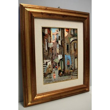 QUADRO DIPINTO OLIO M. Amoroso SCORCIO VITA QUARTIERE FIGURE VICOLO Napoli '900
