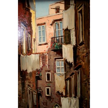 QUADRO DIPINTO OLIO M. Amoroso SCORCIO VITA QUARTIERE FIGURE VICOLO Napoli '900