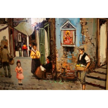 QUADRO DIPINTO OLIO M. Amoroso SCORCIO VITA QUARTIERE FIGURE VICOLO Napoli '900