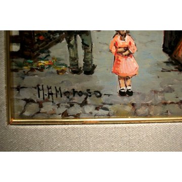 QUADRO DIPINTO OLIO M. Amoroso SCORCIO VITA QUARTIERE FIGURE VICOLO Napoli '900
