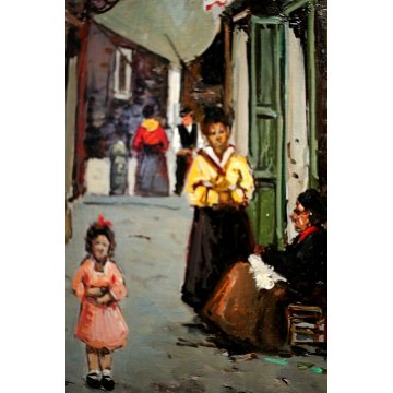 QUADRO DIPINTO OLIO M. Amoroso SCORCIO VITA QUARTIERE FIGURE VICOLO Napoli '900