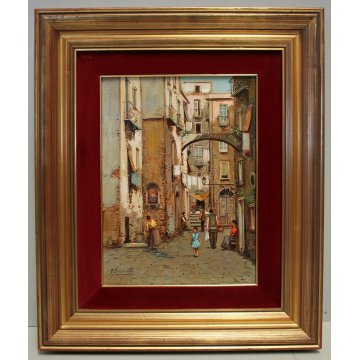 QUADRO DIPINTO OLIO M. Amoroso SCORCIO VITA QUARTIERE FIGURE VICOLO Napoli '900