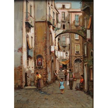 QUADRO DIPINTO OLIO M. Amoroso SCORCIO VITA QUARTIERE FIGURE VICOLO Napoli '900