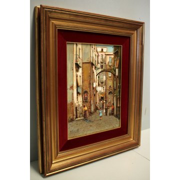 QUADRO DIPINTO OLIO M. Amoroso SCORCIO VITA QUARTIERE FIGURE VICOLO Napoli '900