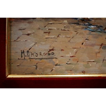 QUADRO DIPINTO OLIO M. Amoroso SCORCIO VITA QUARTIERE FIGURE VICOLO Napoli '900