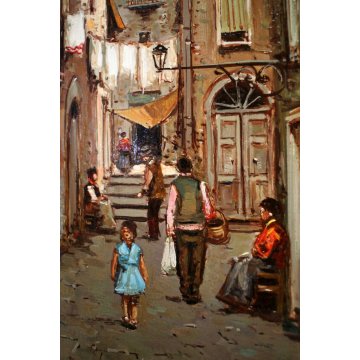 QUADRO DIPINTO OLIO M. Amoroso SCORCIO VITA QUARTIERE FIGURE VICOLO Napoli '900
