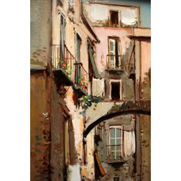 QUADRO DIPINTO OLIO M. Amoroso SCORCIO VITA QUARTIERE FIGURE VICOLO Napoli '900