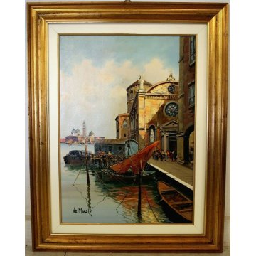 GRANDE QUADRO OLIO De Moral VEDUTA Venezia CANALE TRABACCOLO PONTILE LAGUNA 1984