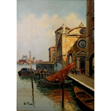 GRANDE QUADRO OLIO De Moral VEDUTA Venezia CANALE TRABACCOLO PONTILE LAGUNA 1984