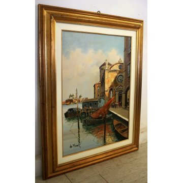 GRANDE QUADRO OLIO De Moral VEDUTA Venezia CANALE TRABACCOLO PONTILE LAGUNA 1984